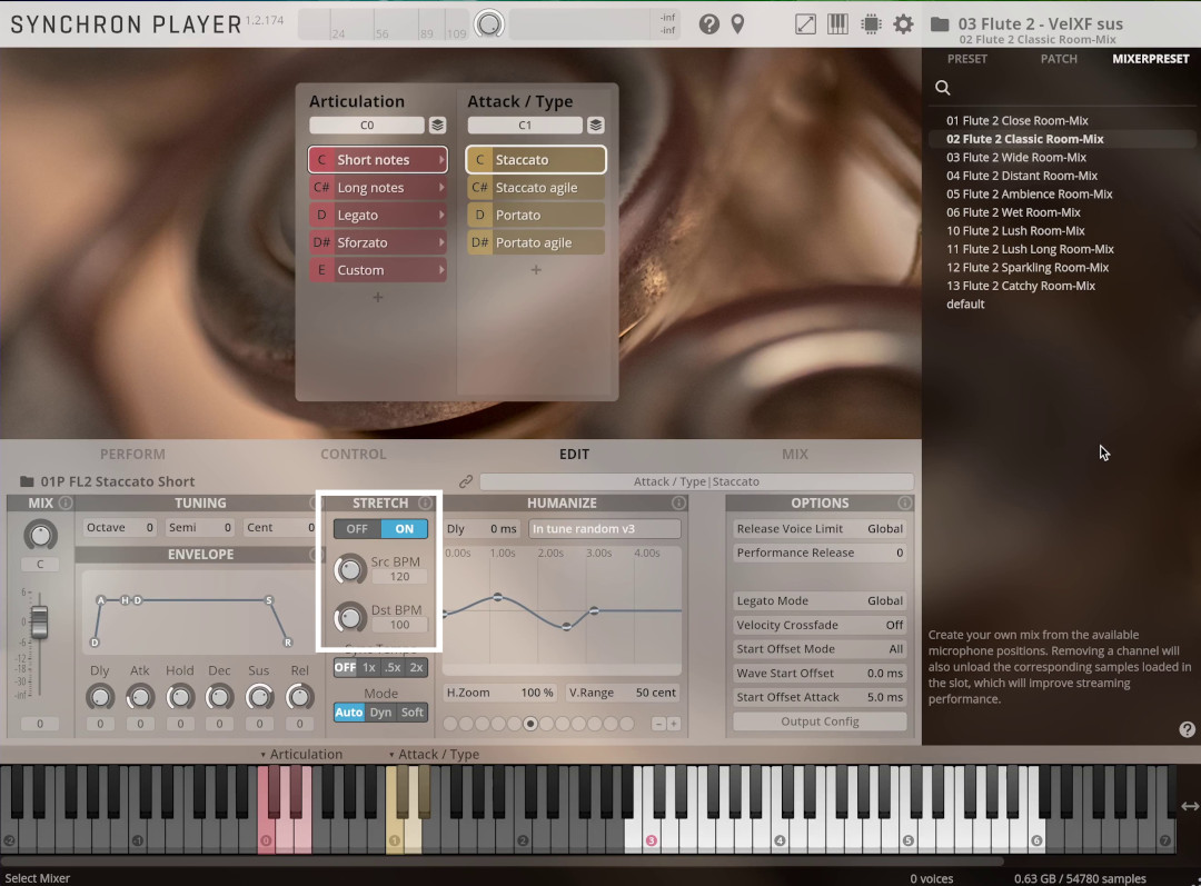 Screenshot of Synchron Player software demonstrating audio editing features with Stretch function enabled for dynamic control of Flute 2 samples.