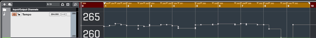 Digital Audio Workstation (DAW) interface displaying a tempo automation track in a MIDI/audio editor, showing tempo changes between 260 and 265 BPM for instrument playback.