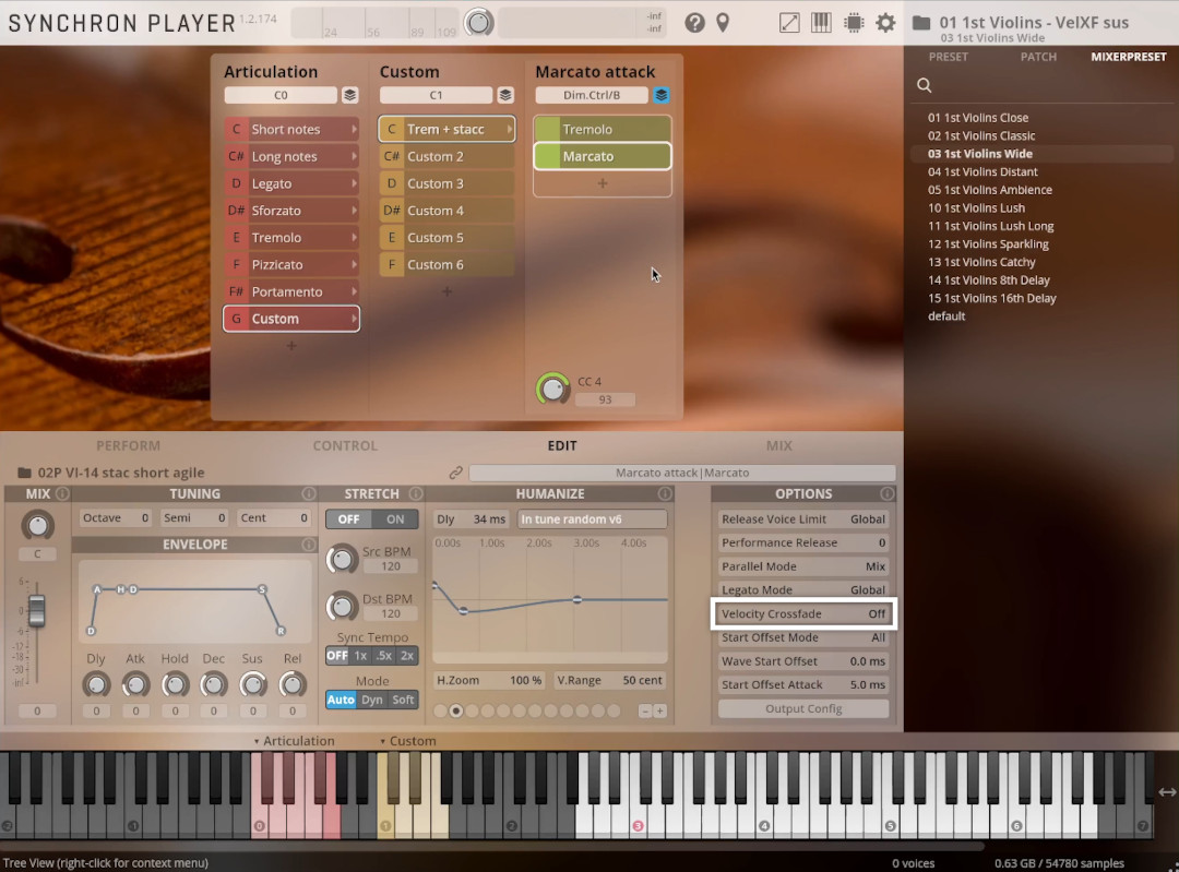 Synchron Player virtual instrument software interface displaying violin articulation settings, custom controls, and options for customizing instrument sounds.