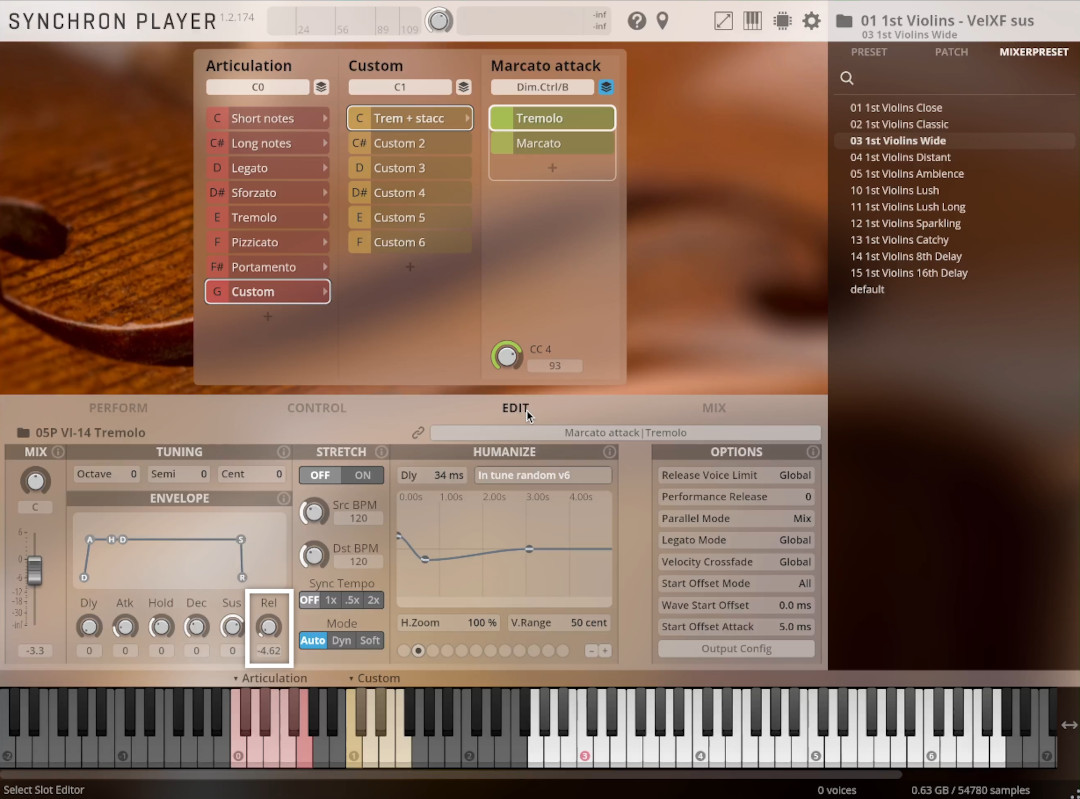 Screenshot of the SYNCHRON PLAYER software interface, showing detailed controls for 1st Violins samples, including articulation, tempo, and effects settings like tremolo for virtual instruments.