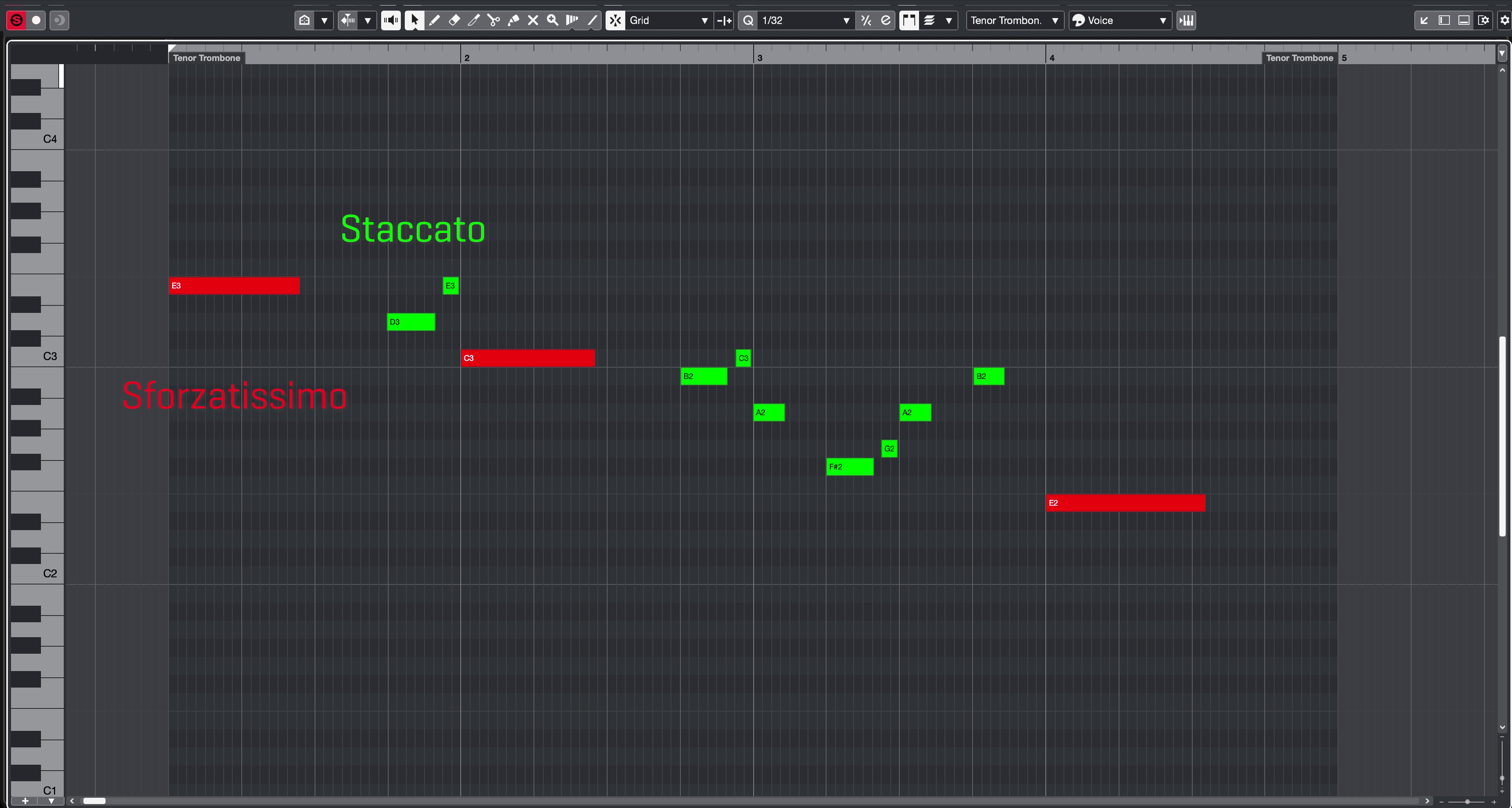 Digital audio workstation screenshot showing a piano roll editor with notes for tenor trombone, demonstrating staccato and sforzatissimo brass instrument articulations.