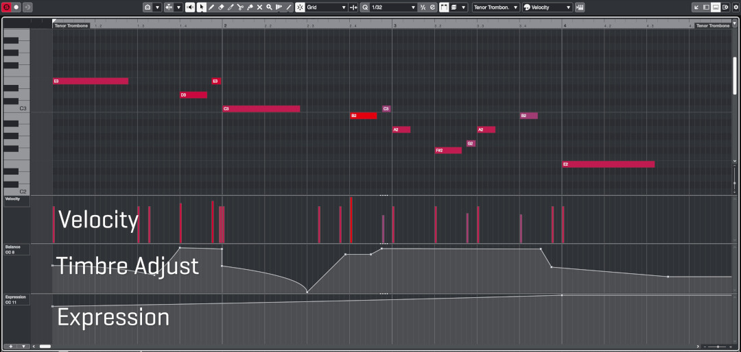 Digital audio workstation (DAW) interface displaying MIDI notes for a Tenor Trombone, with visualized controls for Velocity, Timbre Adjust, and Expression. This image demonstrates features for creating orchestral brass instruments and arranging music using digital instruments.