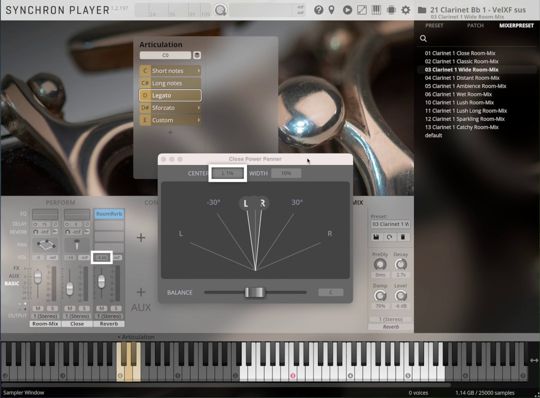 Screenshot of the Synchron Player interface demonstrating articulation selection with Legato highlighted, and a pop-up window for the Close Power Panner showing a 1% left pan setting.