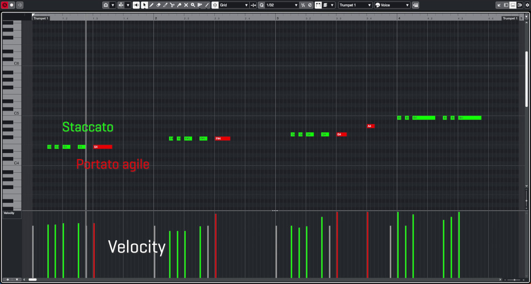 Digital audio workstation screen displaying a piano roll with green and red midi notes for staccato and portato agile, showing velocity levels for a trumpet instrument.