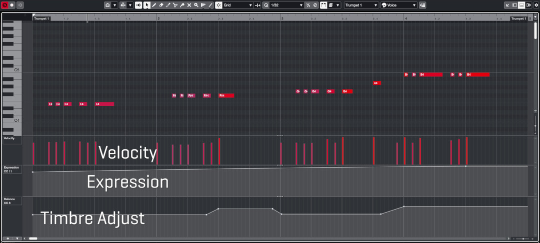 Digital audio workstation screen displaying a music composition for trumpets, with piano roll notes for E4, F#4, G4, A#4, B4, C5, Velocity, Expression, and Timbre Adjust controls showing dynamic automation for brass fanfare.