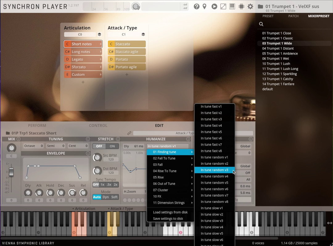 Screenshot of the SYNCHRON PLAYER software interface, showing trumpet instrument settings with options for articulation, attack type, tuning, stretch, and humanize features, including a dropdown menu for various In tune settings.