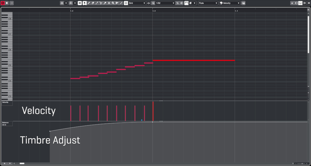 Digital audio workstation software interface displaying musical notes, velocity, and timbre adjustments for brass instrument sounds.