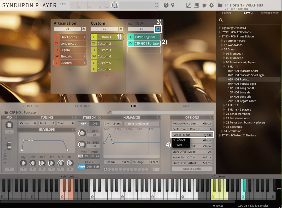 Screenshot of Synchron Player software showing instrument articulation settings for horn, specifically Portato.