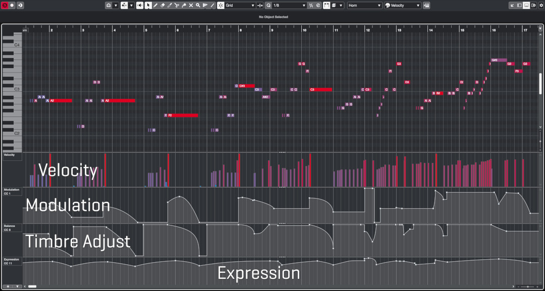 Digital Audio Workstation (DAW) midi editor showing musical notation for horn, including velocity, modulation, timbre adjust, and expression lanes.