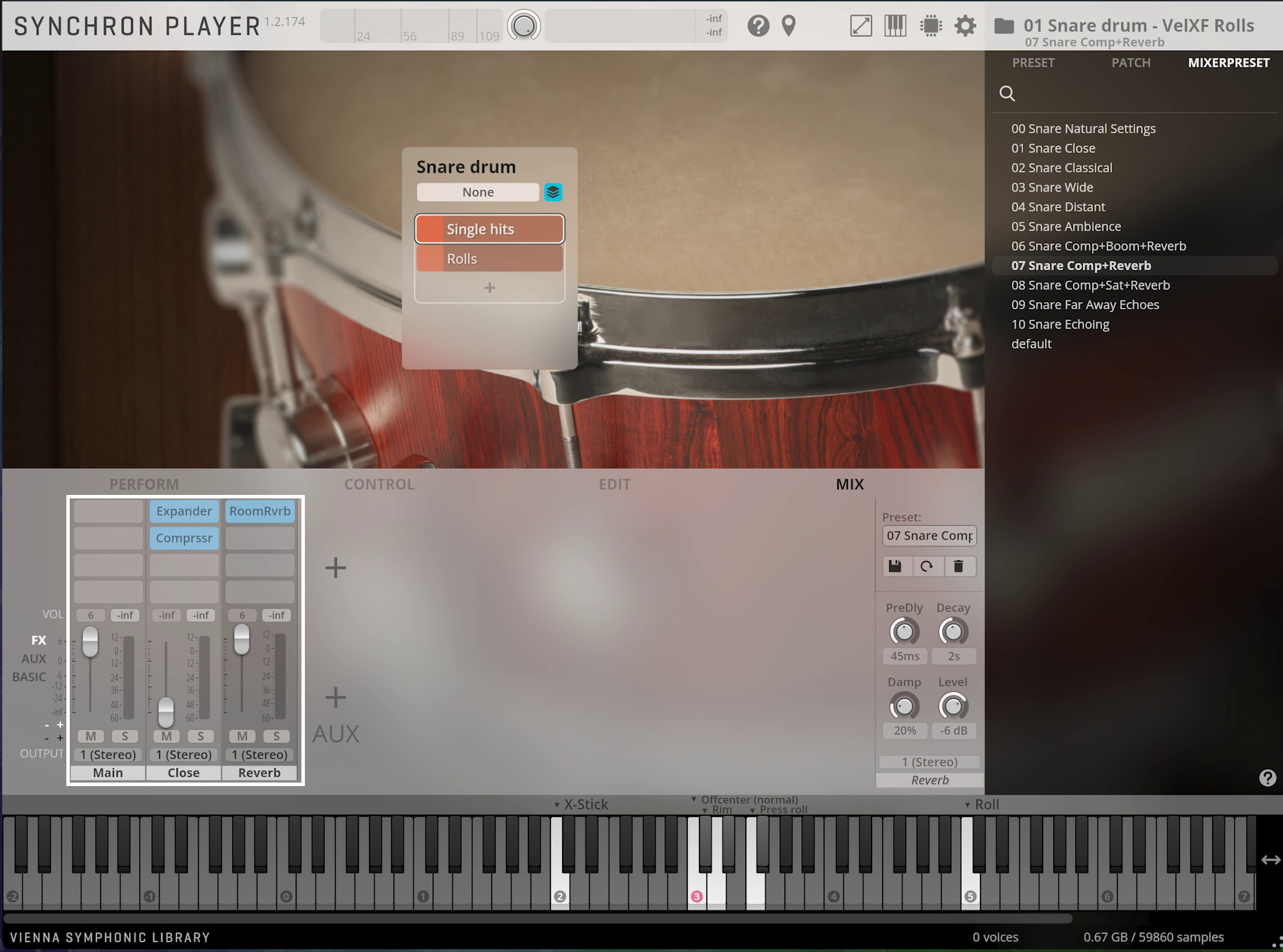 Snare drum virtual instrument interface, showing Snare Comp+Reverb preset, Single hits and Rolls sound options, and MIDI keyboard for VELXF dynamics.