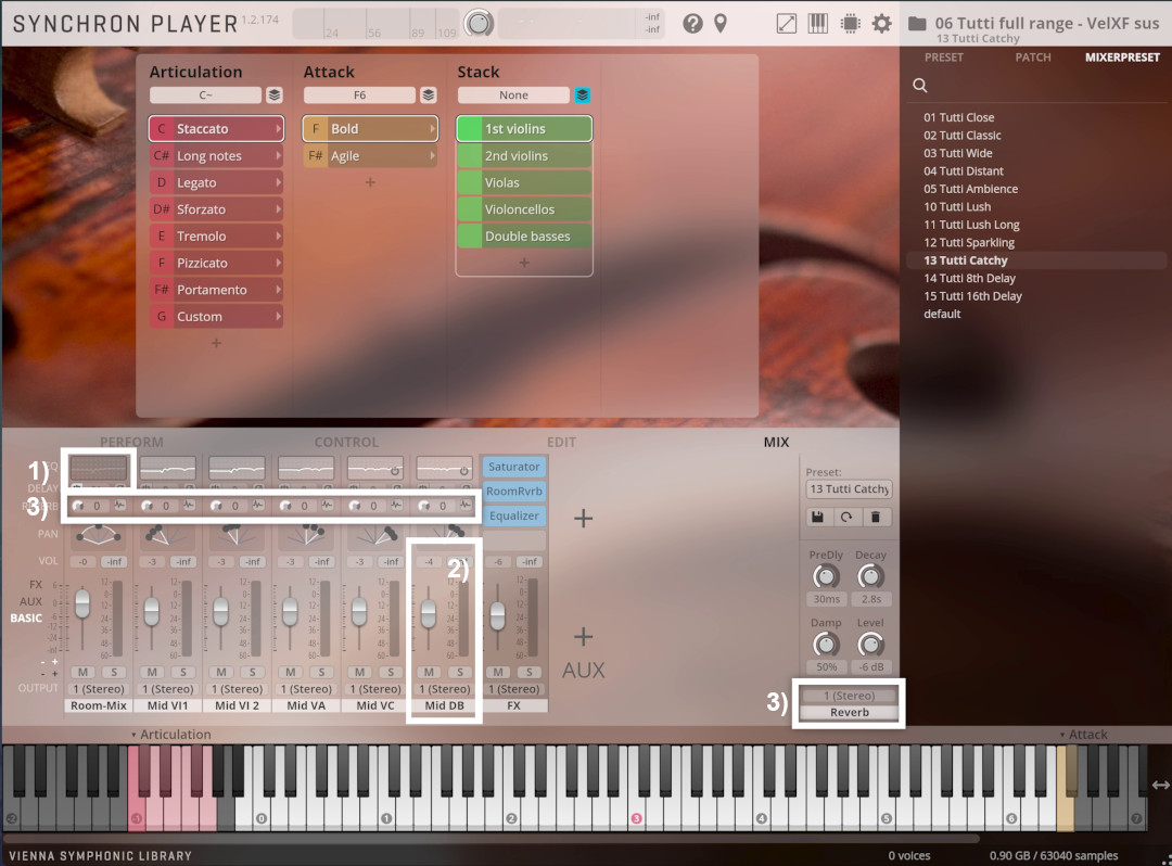 Screenshot of the Synchron Player software showing instrument and effects settings for violins, violas, cellos, and double basses, with 13 Tutti Catchy selected in the mixer preset.