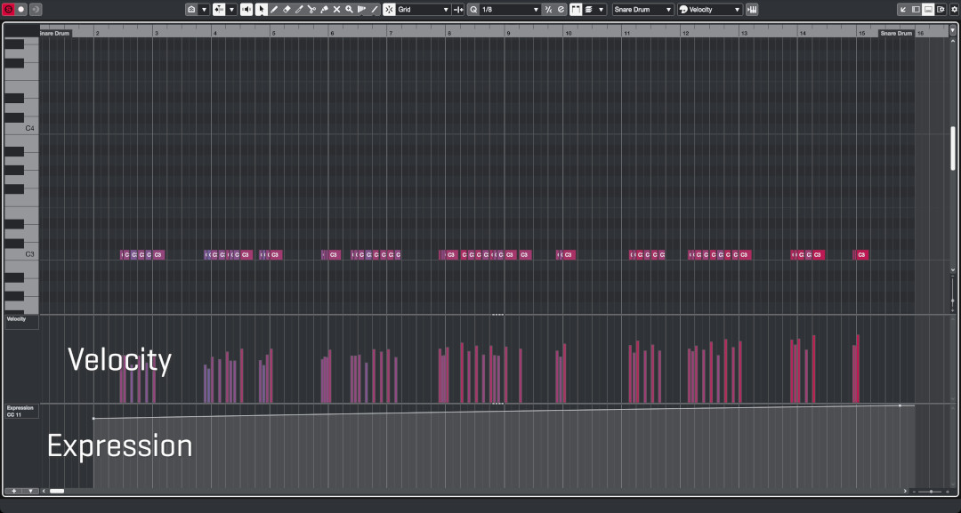 Digital audio workstation (DAW) piano roll displaying MIDI notes and velocity parameters for a snare drum, illustrating music production and sound design.