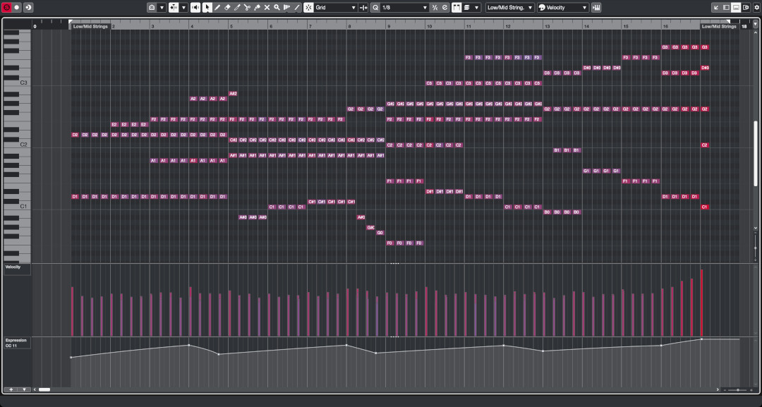 MIDI piano roll view showing musical notes for strings and velocity bars in a DAW software.