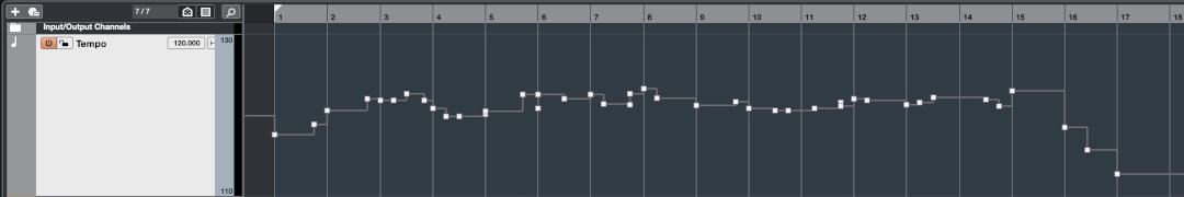 Digital audio workstation (DAW) interface displaying a tempo track with automated tempo changes for the PRE-BATTLE horn bavarios with snare au chocolat composition.