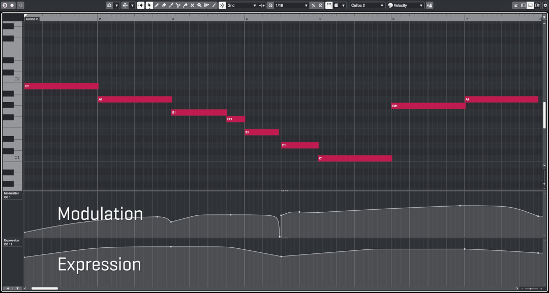 Digital audio workstation screenshot displaying MIDI notes, modulation, and expression for an Oboe or Cello instrument track.
