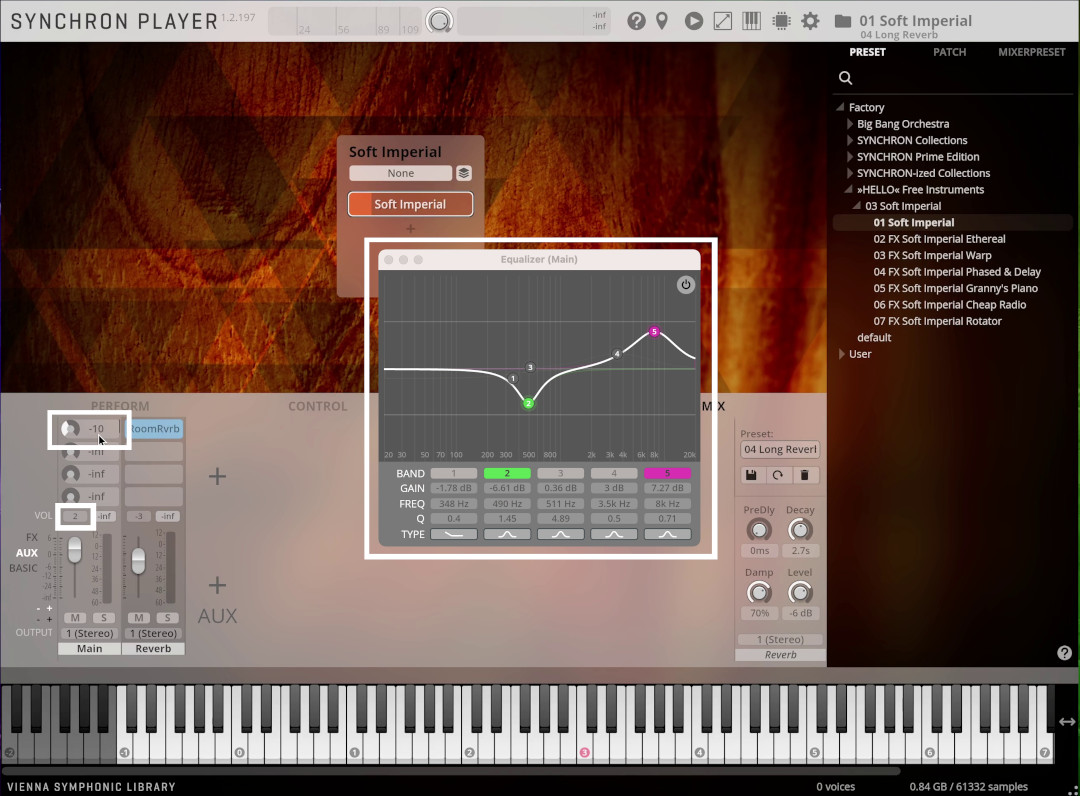 Screenshot of the Synchron Player software, displaying the main interface for instrument and effect selection, alongside an open Equalizer Main window showing an adjustable EQ curve and detailed band parameters like gain, frequency, and Q values.