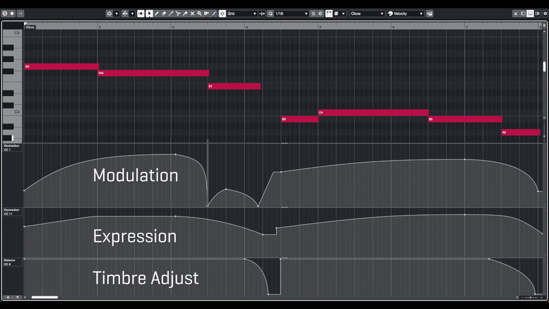 A digital audio workstation (DAW) midi interface showing automation curves for modulation, expression, and timbre control of oboe notes.