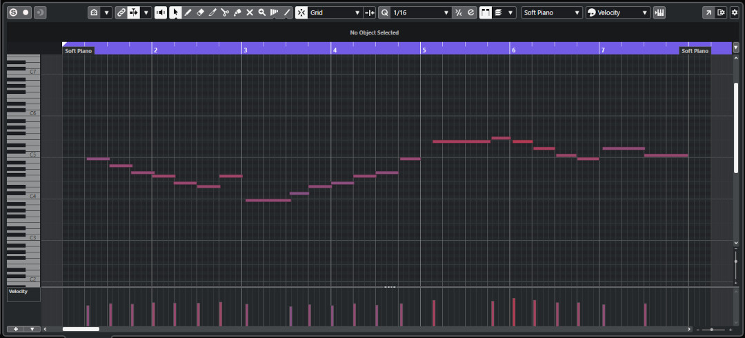 Digital audio workstation (DAW) piano roll editor displaying a musical sequence for Soft Piano, with piano keys on the left, pink and purple notes on a grid, and velocity bars below.