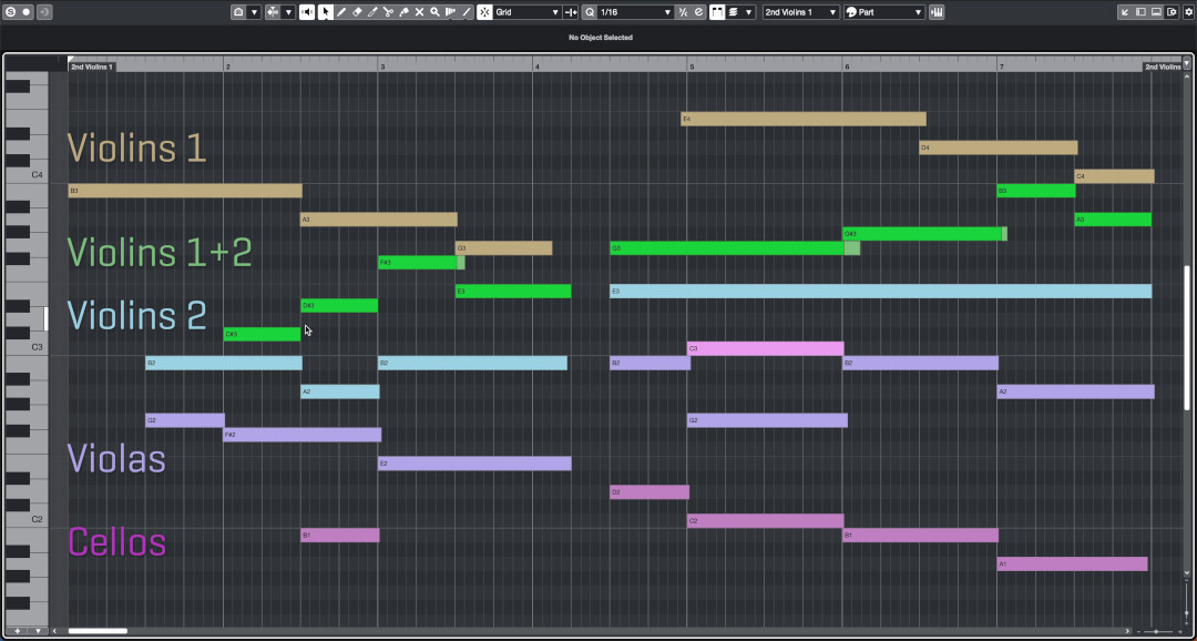 Digital audio workstation screen displaying a MIDI piano roll editor with notes for violins, violas, and cellos, illustrating an orchestral arrangement.