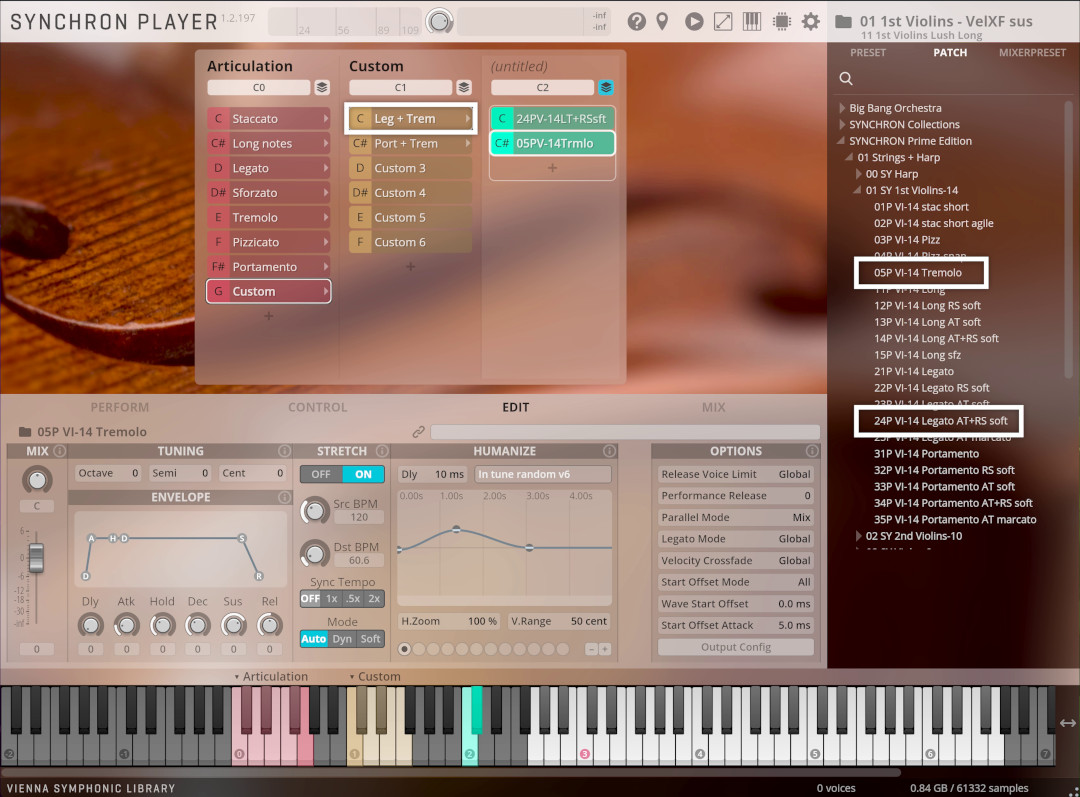 Screenshot of the Vienna Symphonic Library Synchron Player software interface, displaying articulation and custom settings for Violin samples, along with performance, tuning, and humanize controls, and a virtual keyboard.