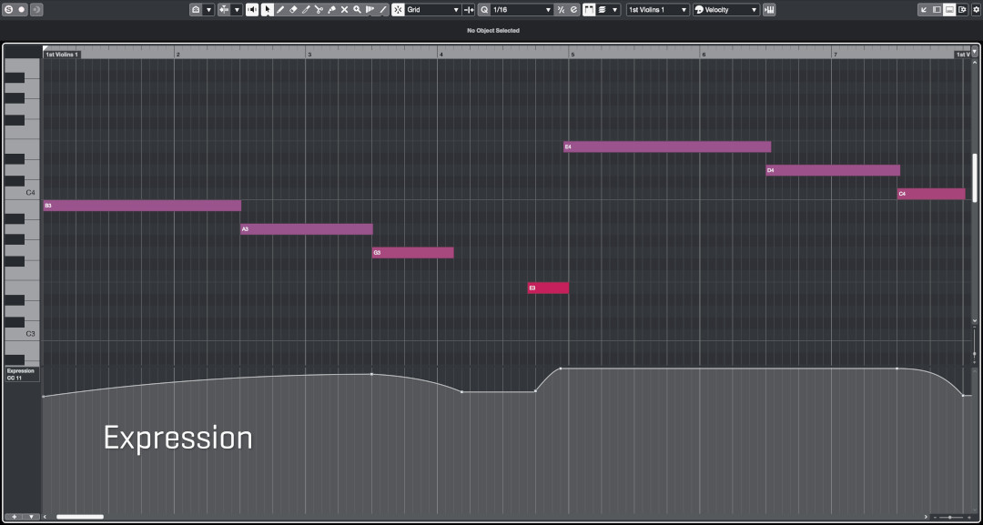 Digital audio workstation screen showing MIDI notes for flautando strings with expression automation.