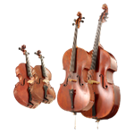 Orchestral string instruments, including multiple cellos and double basses, representing string ensemble music.
