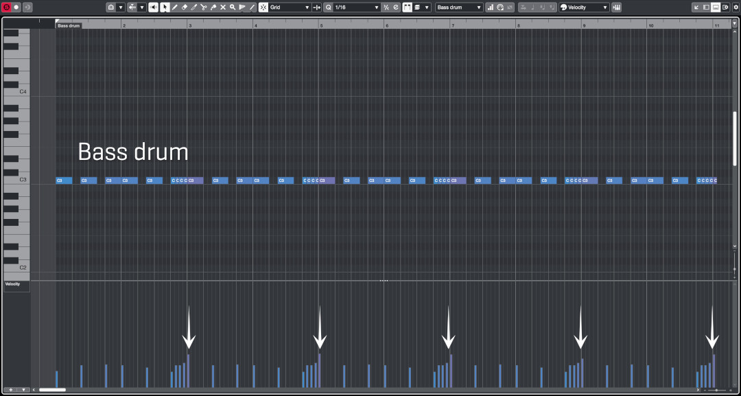 Digital audio workstation (DAW) screenshot showing a bass drum MIDI pattern with C3 notes, highlighted velocity settings, and white arrows indicating dynamic changes for percussion arrangements.