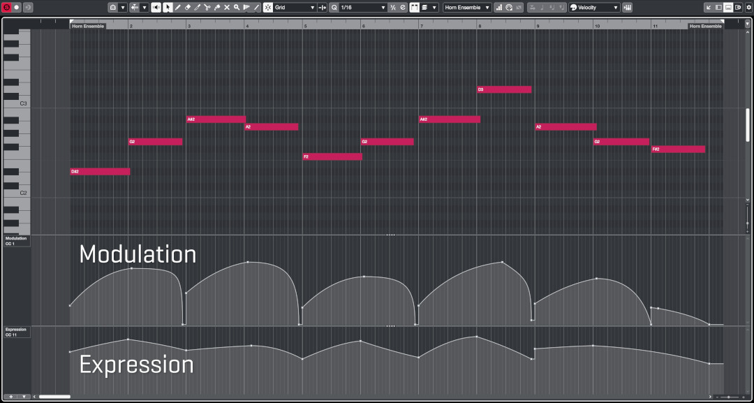Digital audio workstation showing musical notation and modulation curves for a horn ensemble, with red note blocks on a grid representing D#2, G2, A#2, F2, F#2, and D3, illustrating Volume 3: Bisected musical examples.