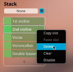 Screenshot of music software showing 2nd violins highlighted with a right-click context menu open, emphasizing the Delete option.