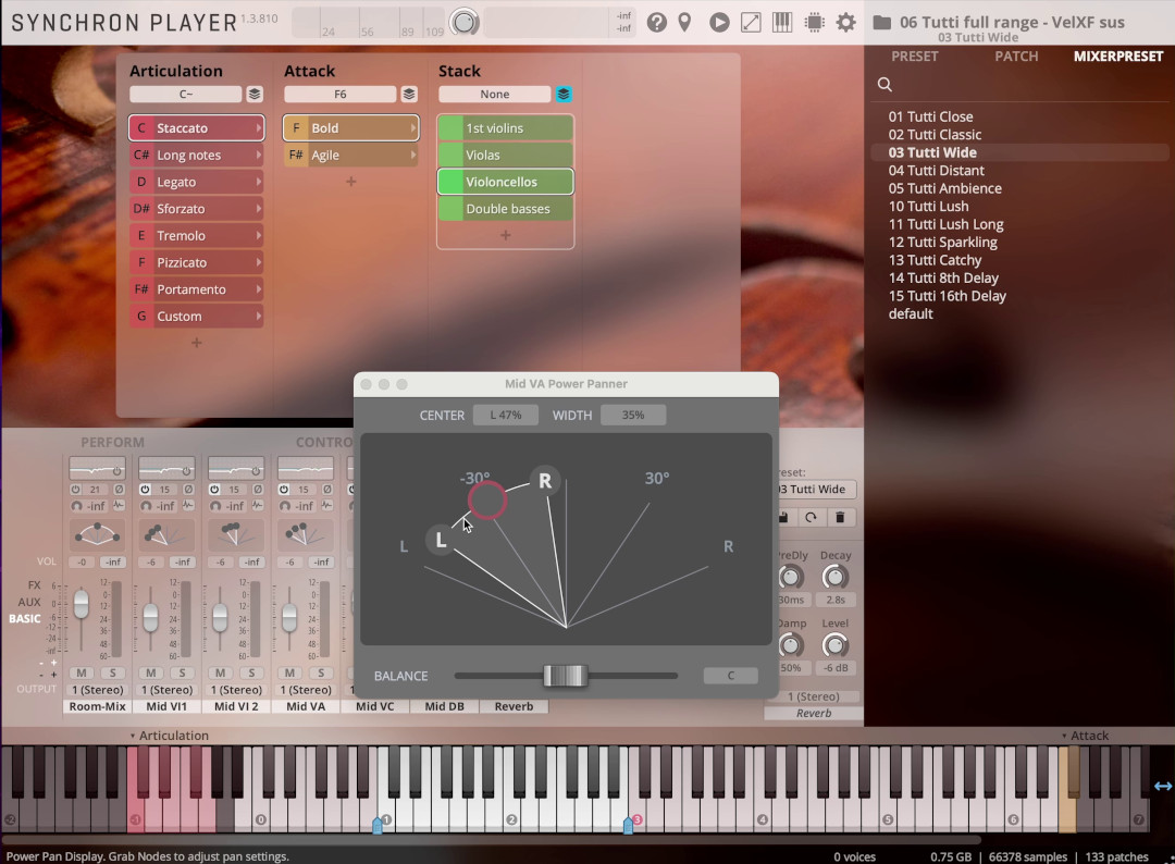 Software interface for Synchron Player showing a Mid VA Power Panner window with an L and R stereo field, control nodes at -30 and 30 degrees, and additional settings for articulation, attack, and instrument stack including violins, violas, cellos, and basses.