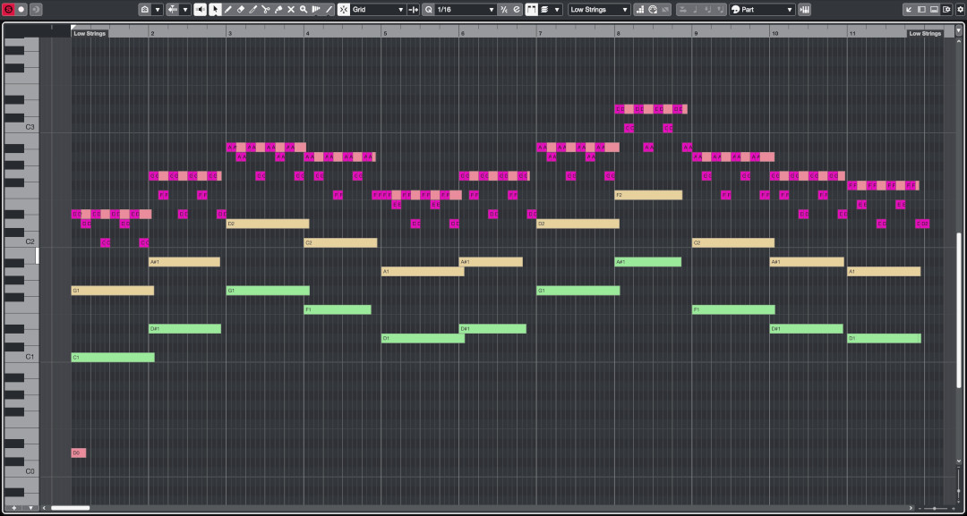 Digital audio workstation screenshot displaying MIDI notes for Low Strings, featuring a musical composition for brass ensemble, strings, and percussion.