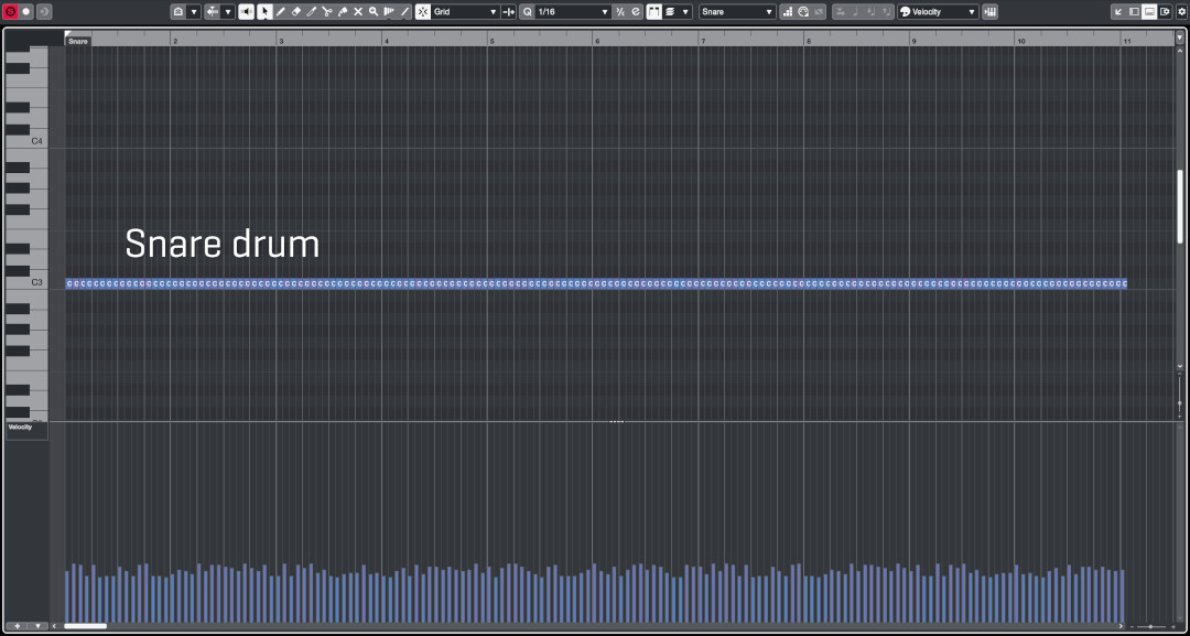 Digital Audio Workstation (DAW) interface displaying a snare drum MIDI pattern with continuous C notation at C3 and velocity data, demonstrating instrument programming.