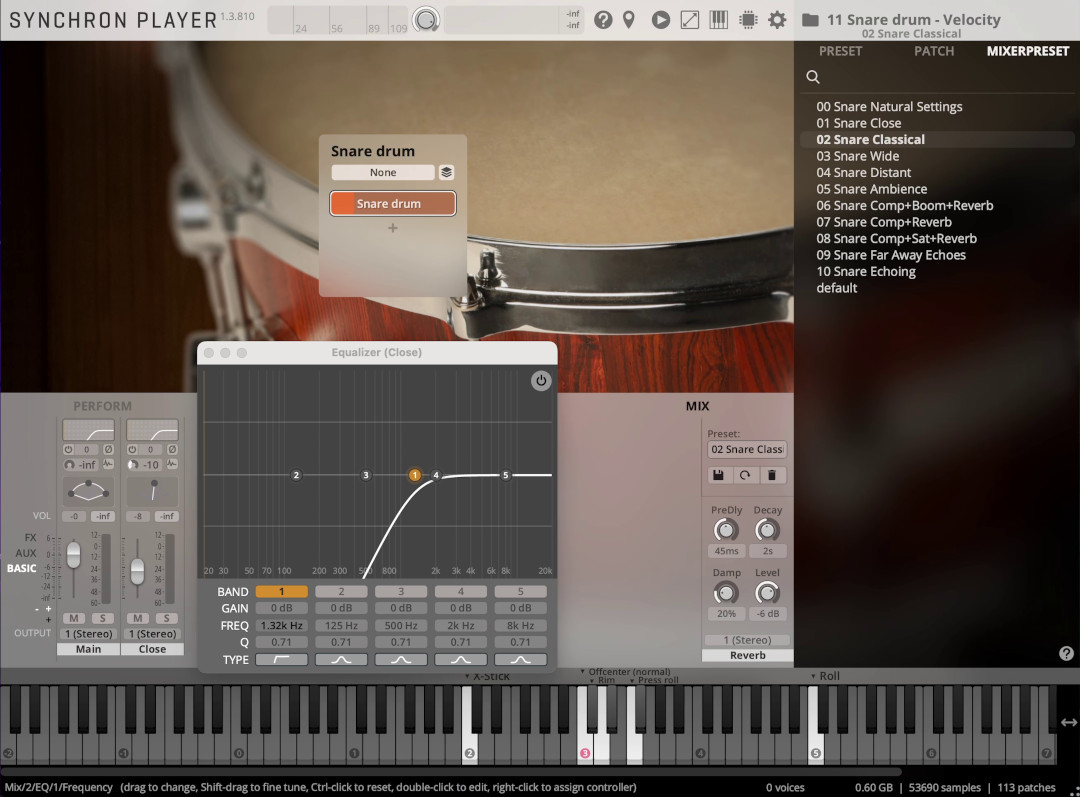 Synchron Player software interface showing snare drum settings, equalizer controls, and available sound presets, including Snare Classical preset.