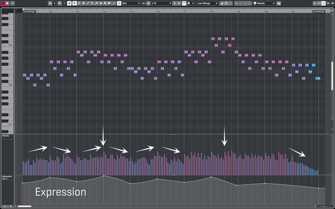 MIDI piano roll with blue and purple notes representing string ensemble musical expression, showing velocity and CC11 dynamics for Volume 3 Bisected 10th Example 1.