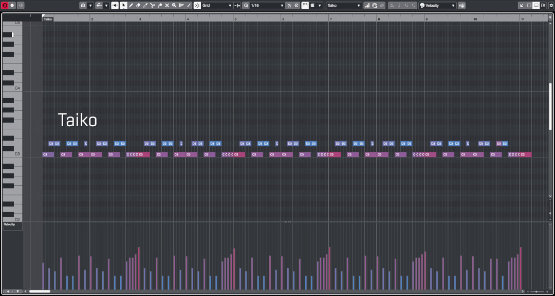 Digital audio workstation showing Taiko instrument MIDI notes and velocity levels for music production