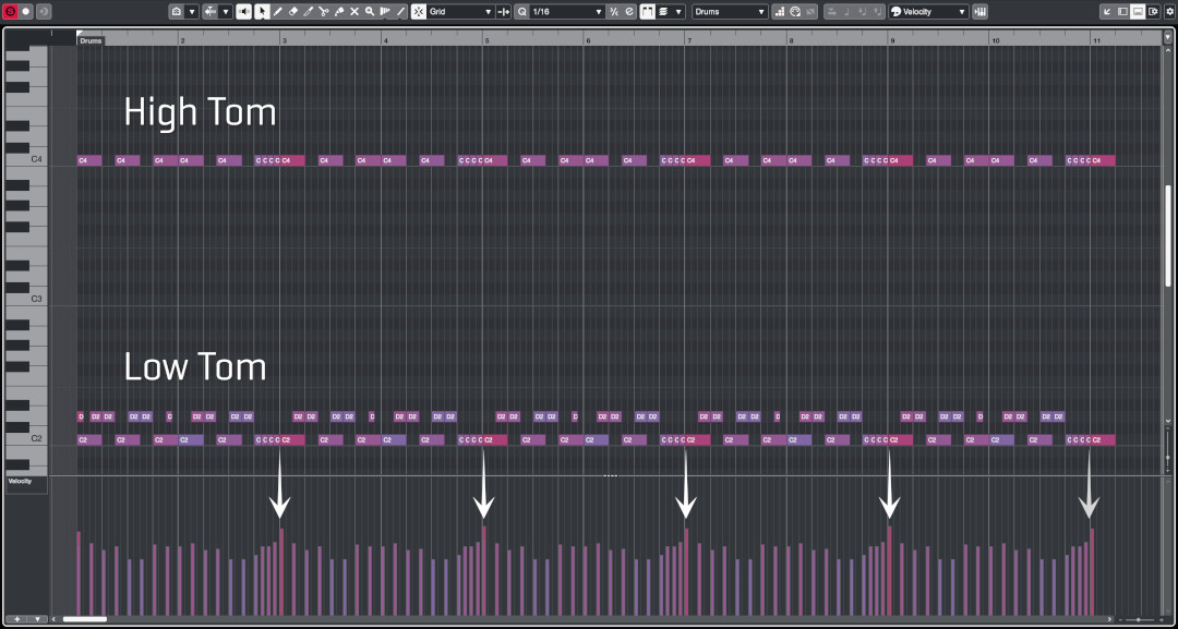 Digital Audio Workstation (DAW) screen showing midi programming for high and low tom drum patterns, with velocity bars indicated by arrows, optimized for Volume 3: Bisected 10th Example 1.