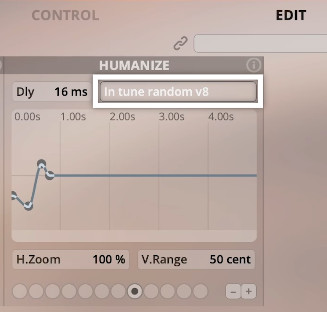 User interface showing Humanize effect settings: In tune random v8 selected with 16ms delay and 50 cent range for musical instrument audio.