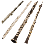 High woodwind instruments including flutes, clarinets, and oboes on a black background.